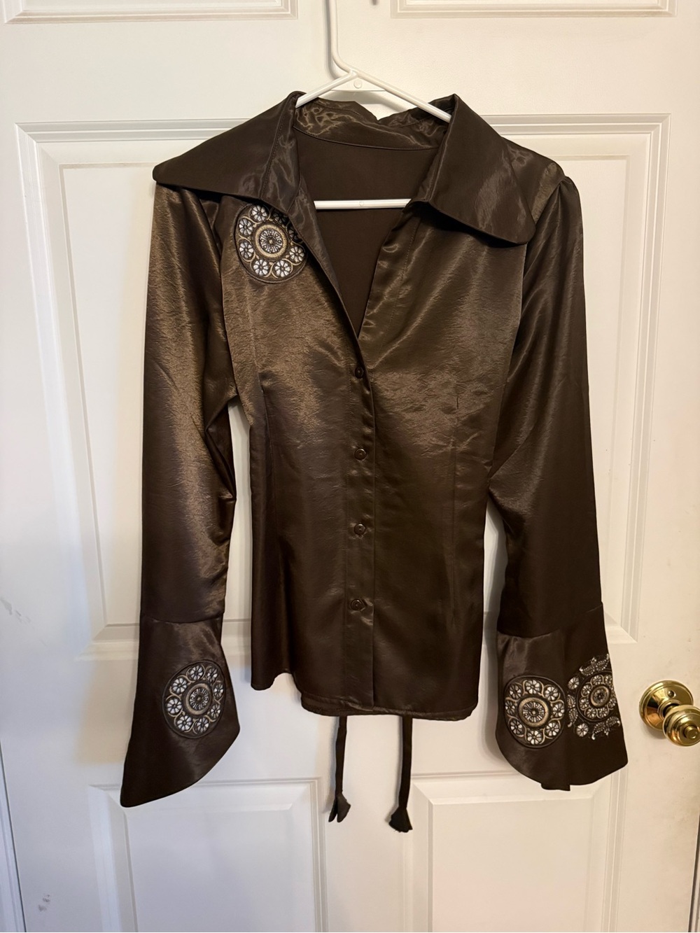 ART Ateliers Rare Toggery Brown Iridescent Embroidered Dagger Collar Shirt XL